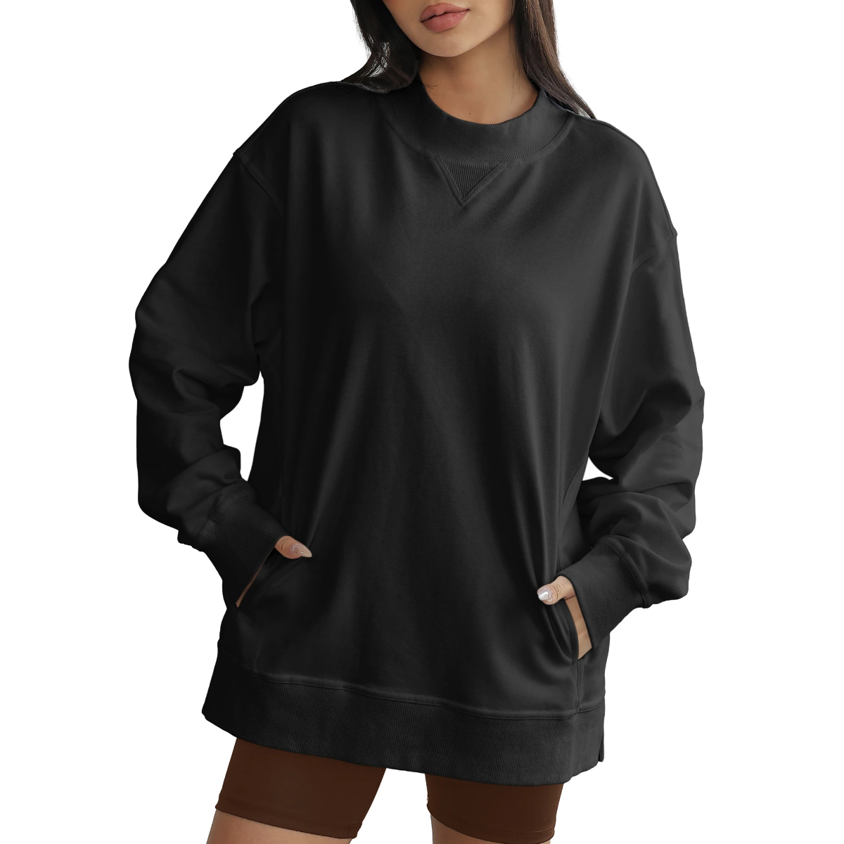 Florboom Women's Long Oversized Sweatshirts Mock Neck Pullover Long Sleeve Side Split Tops with Pocket