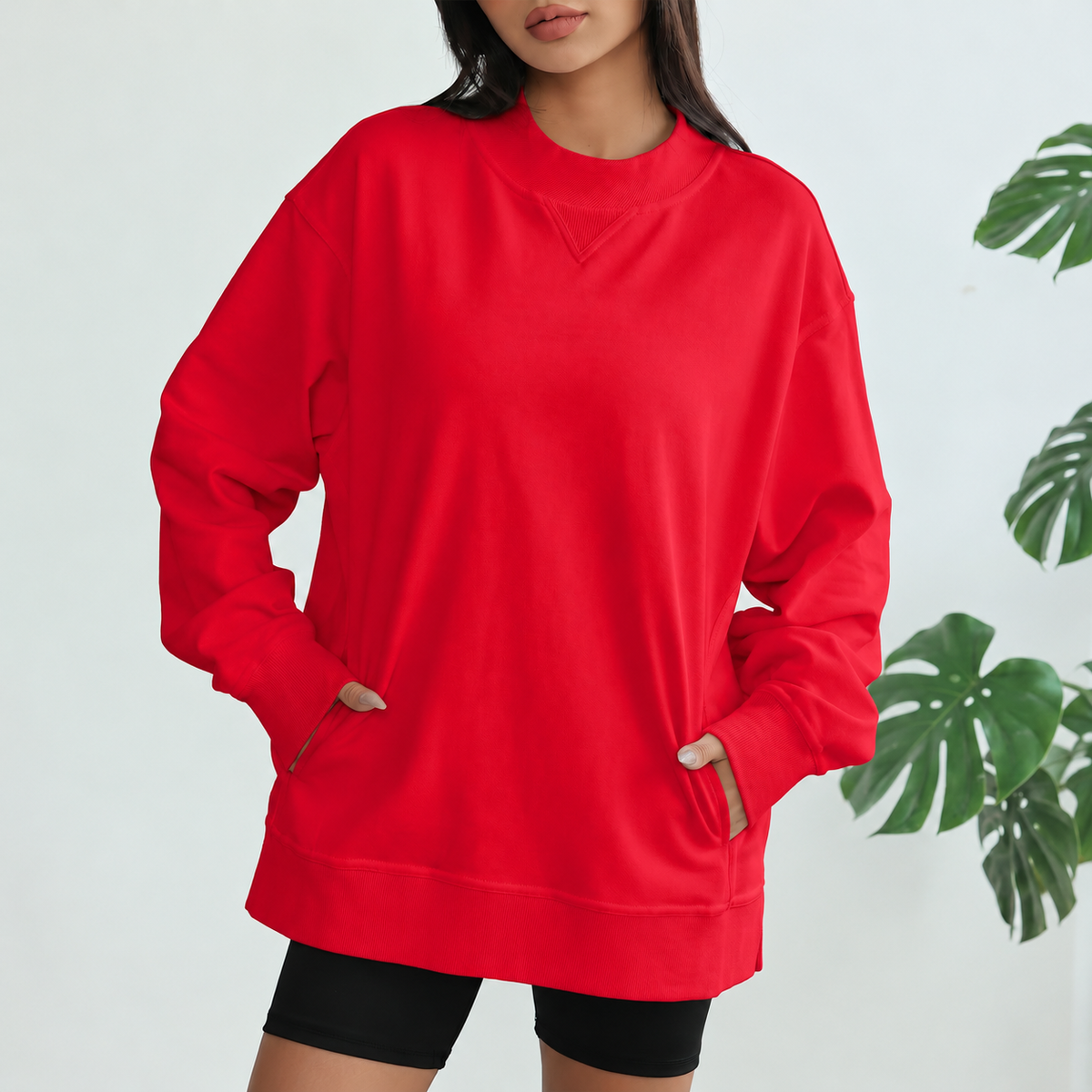 Florboom Women's Long Oversized Sweatshirts Mock Neck Pullover Long Sleeve Side Split Tops with Pocket