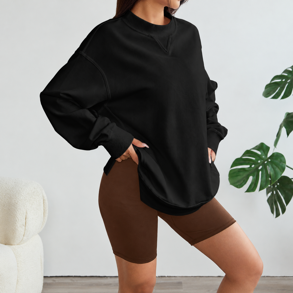 Florboom Women's Long Oversized Sweatshirts Mock Neck Pullover Long Sleeve Side Split Tops with Pocket