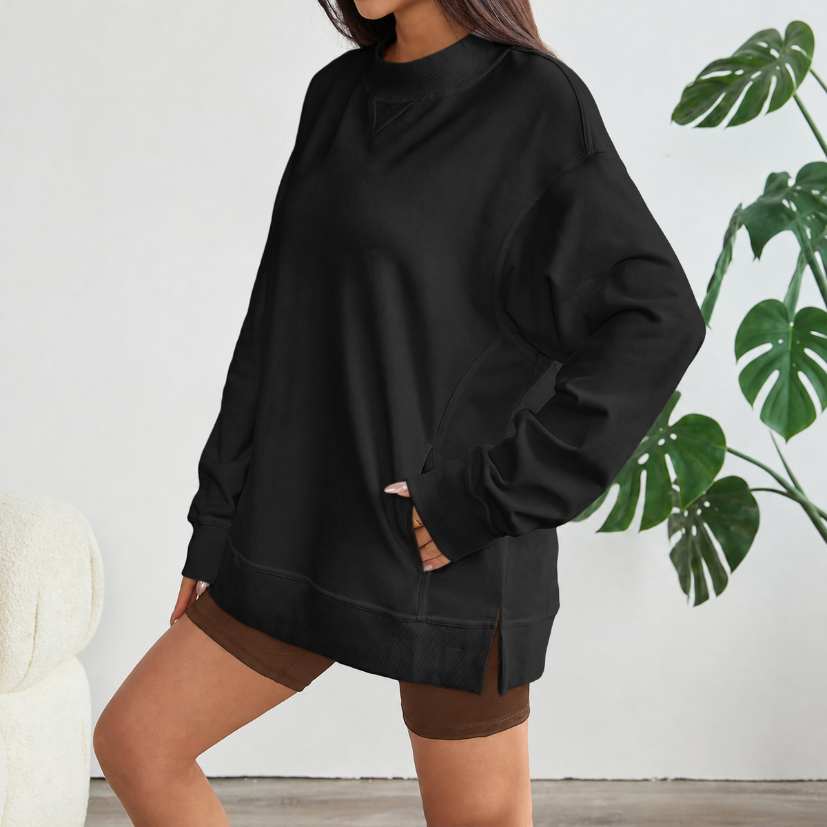 Florboom Women's Long Oversized Sweatshirts Mock Neck Pullover Long Sleeve Side Split Tops with Pocket