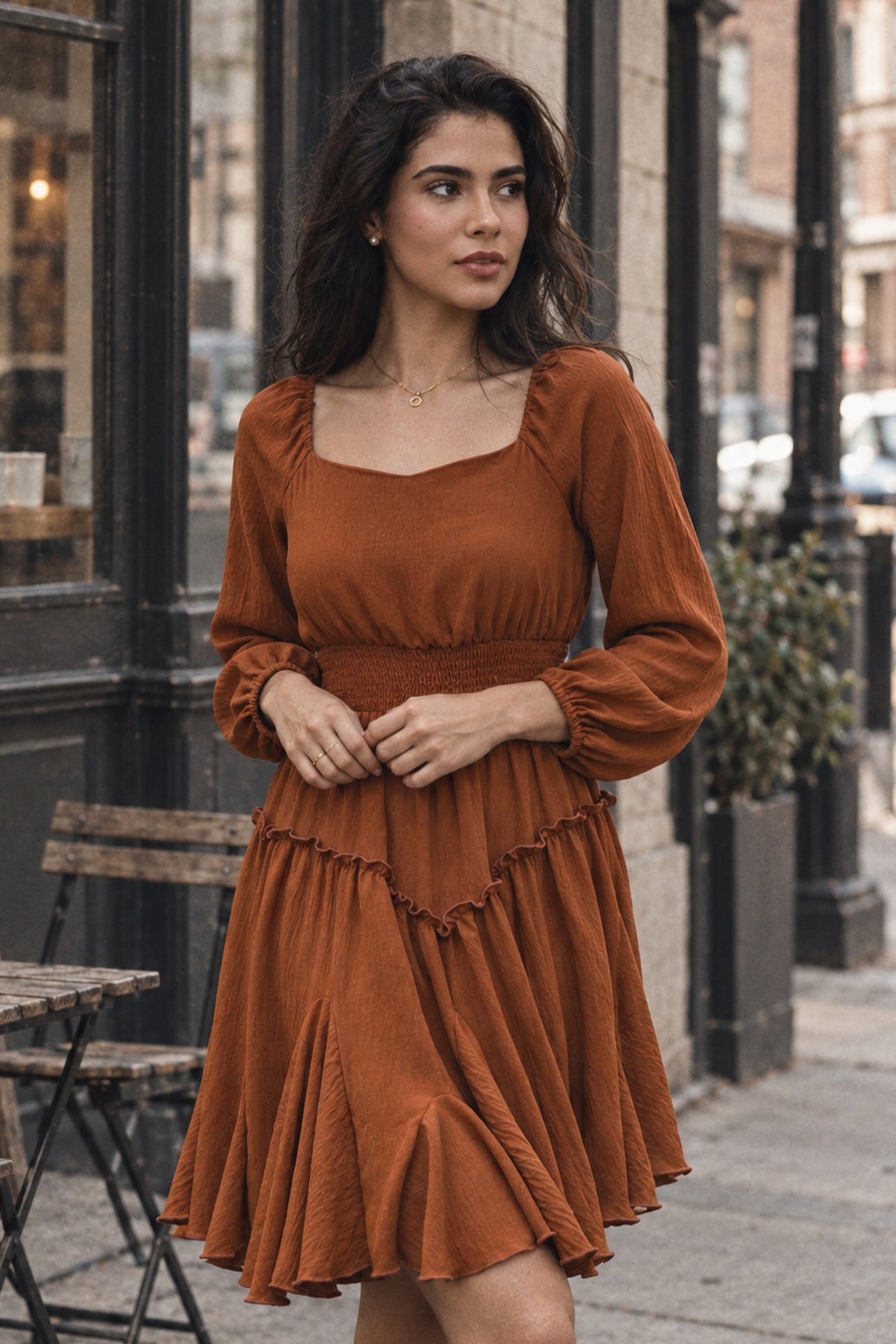 Rust Square-Neck Smocked Ruffle Dress