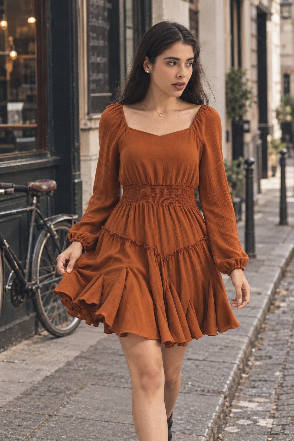 Rust Square-Neck Smocked Ruffle Dress