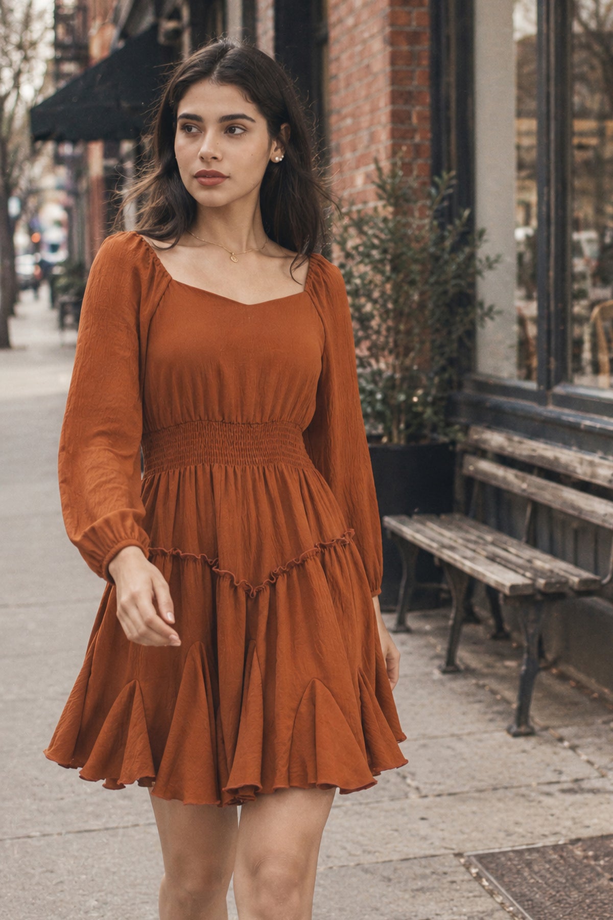 Rust Square-Neck Smocked Ruffle Dress