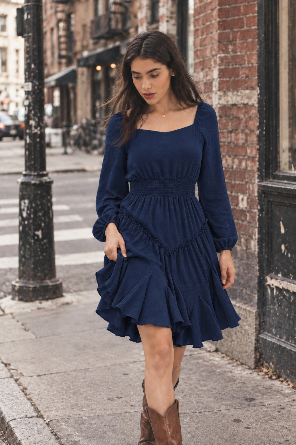 Rust Square-Neck Smocked Ruffle Dress