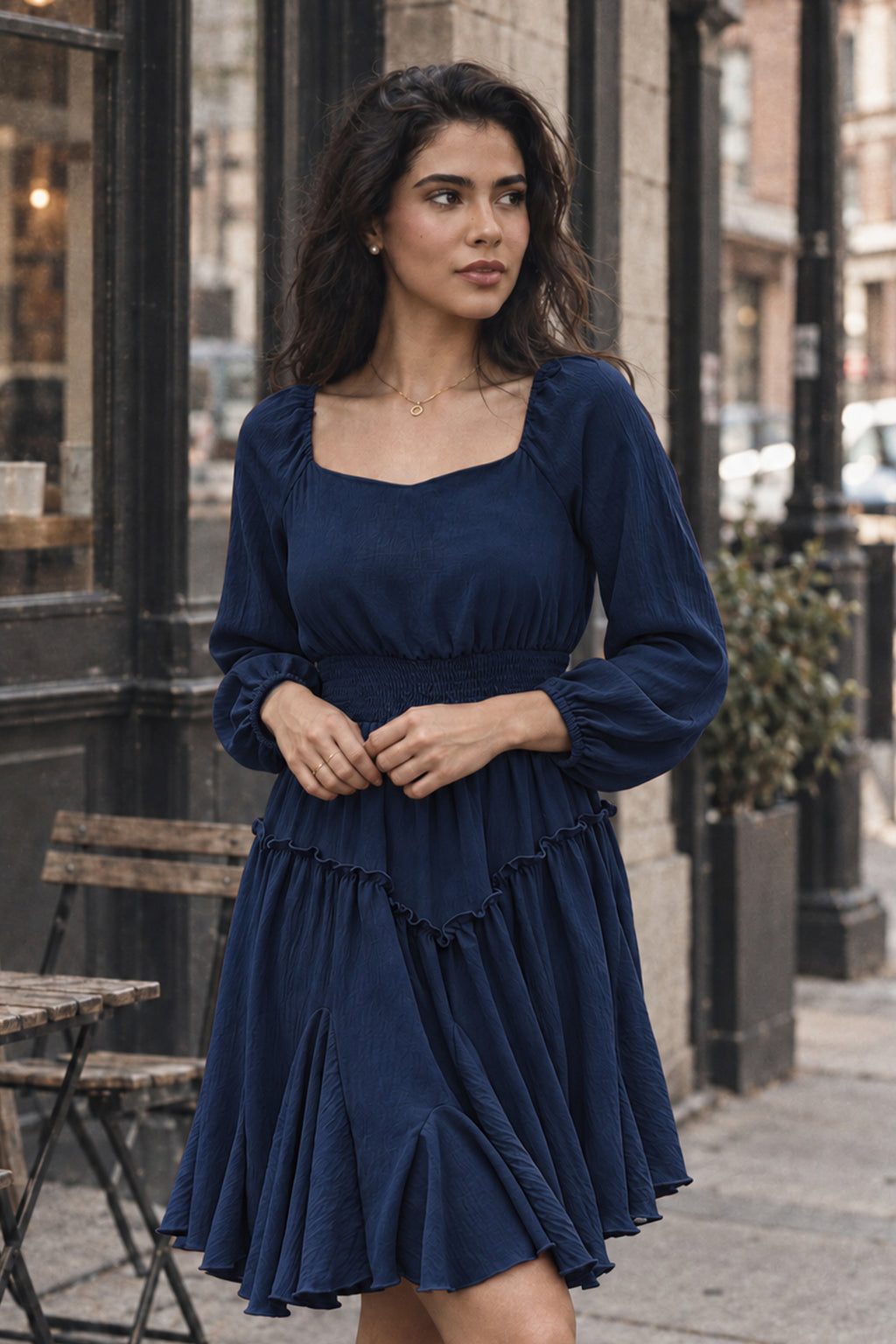 Rust Square-Neck Smocked Ruffle Dress