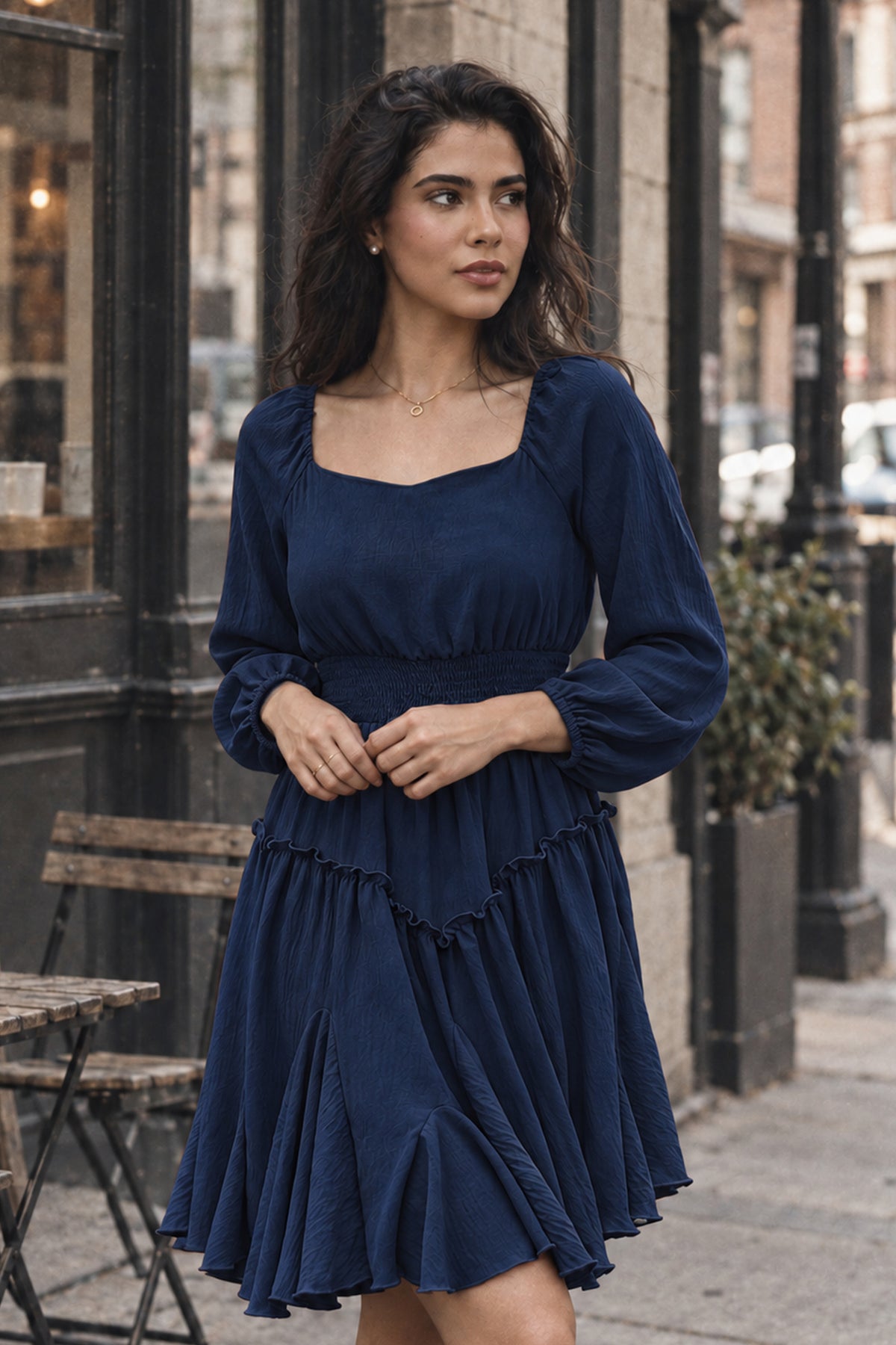 Rust Square-Neck Smocked Ruffle Dress