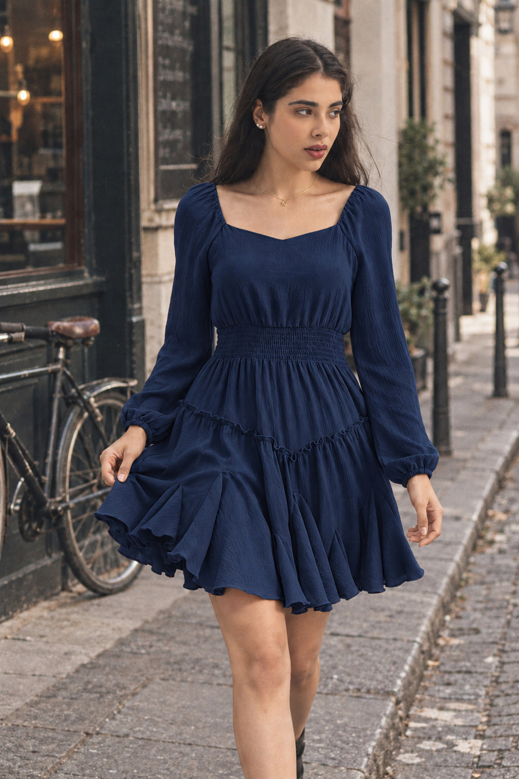 Rust Square-Neck Smocked Ruffle Dress
