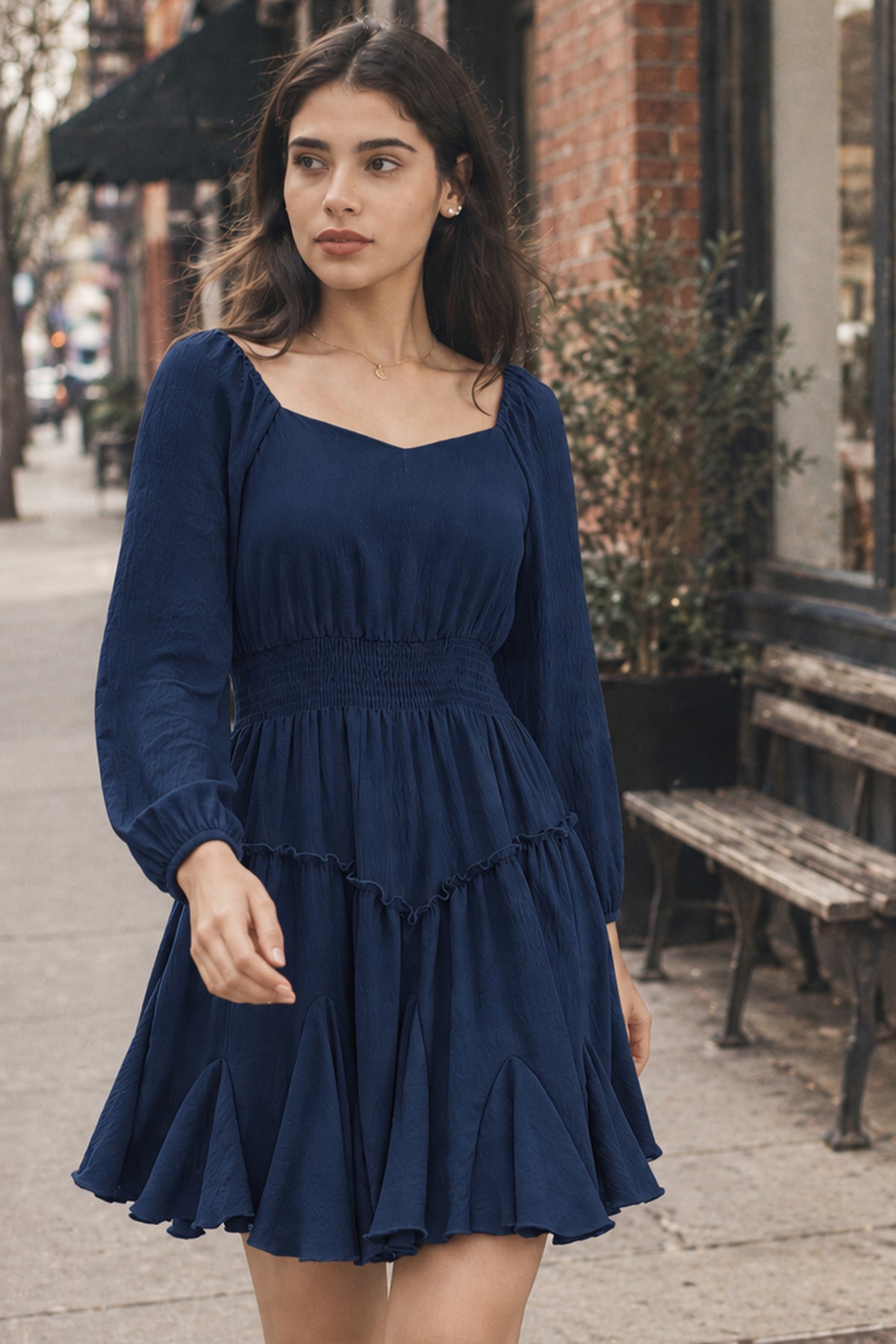 Rust Square-Neck Smocked Ruffle Dress
