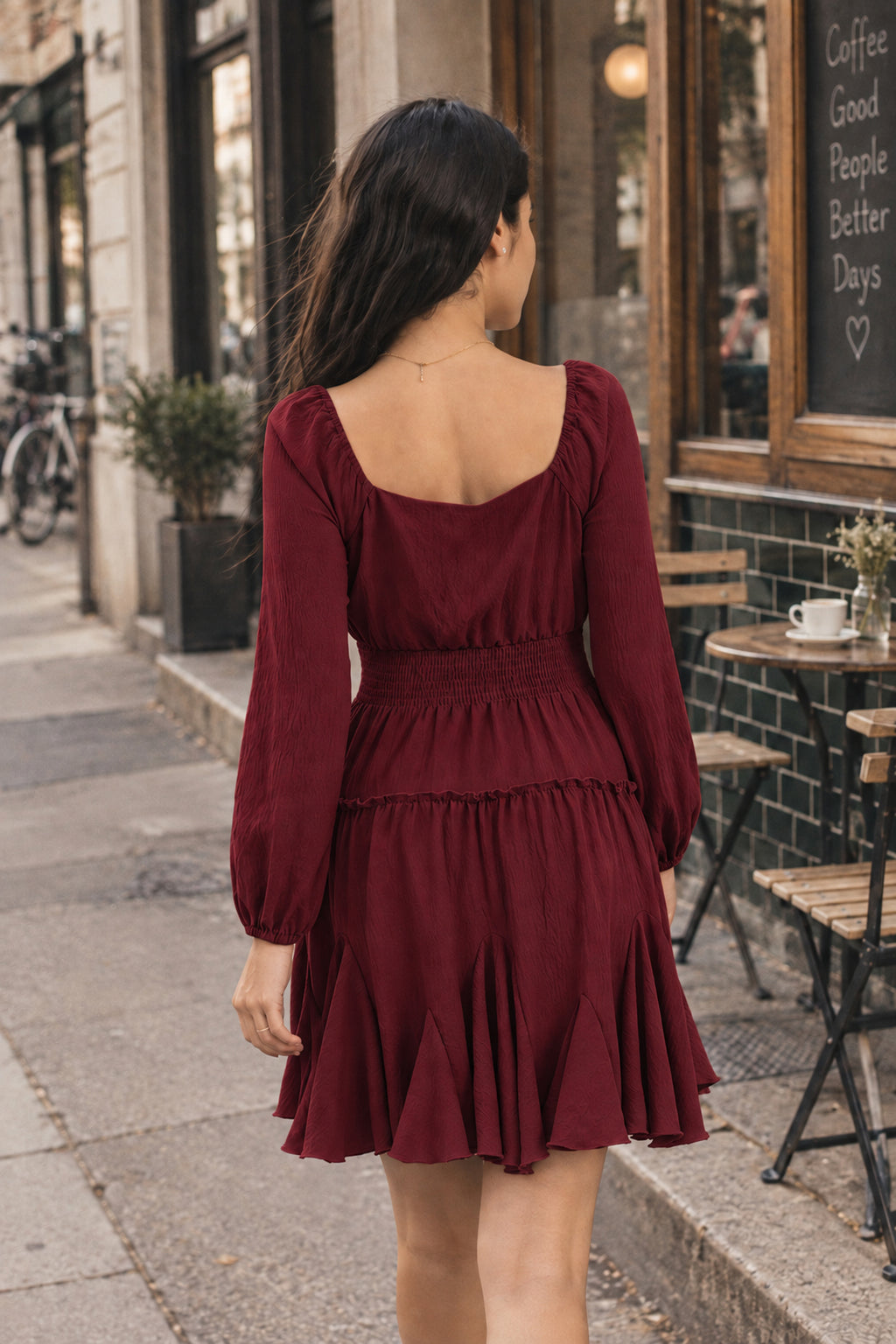 Rust Square-Neck Smocked Ruffle Dress