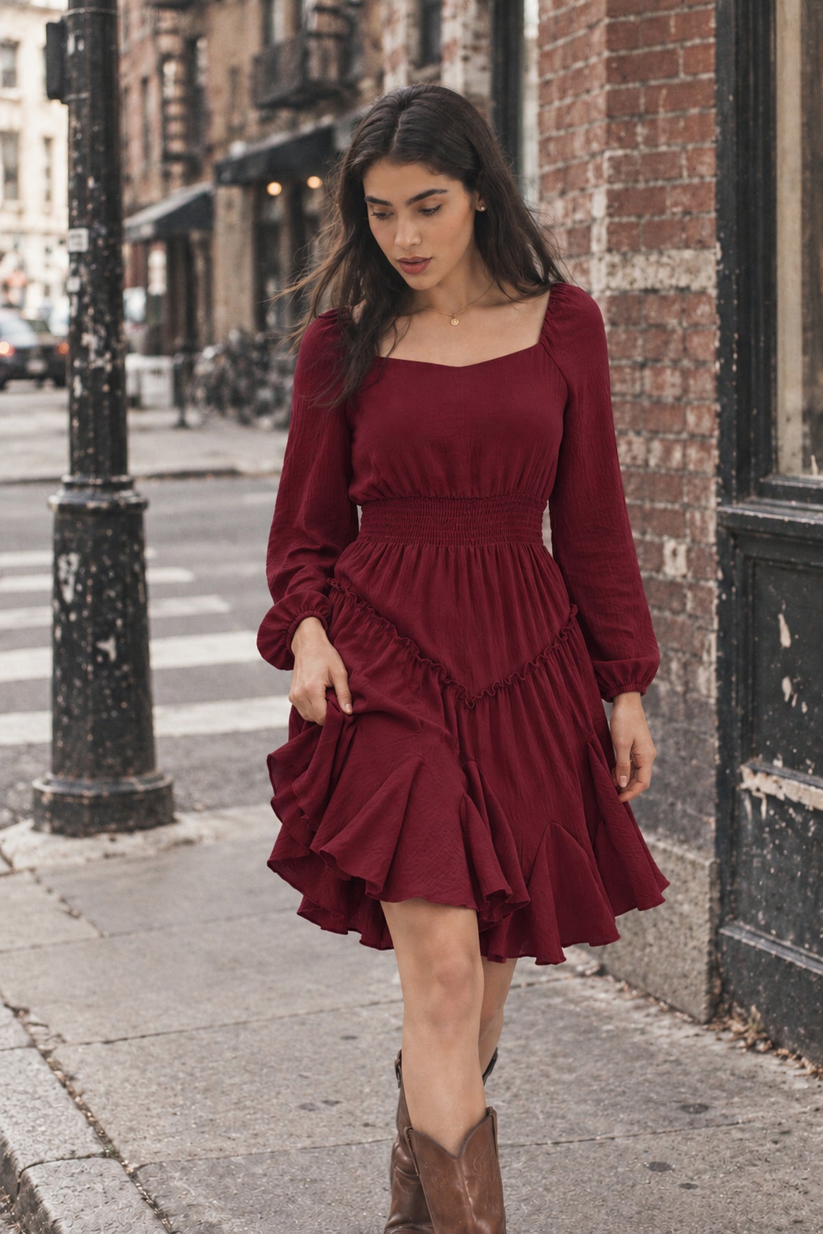 Rust Square-Neck Smocked Ruffle Dress
