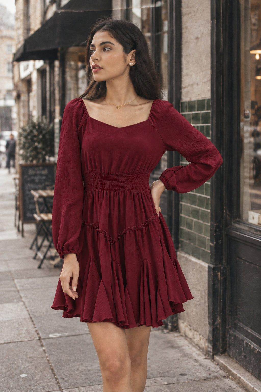 Rust Square-Neck Smocked Ruffle Dress