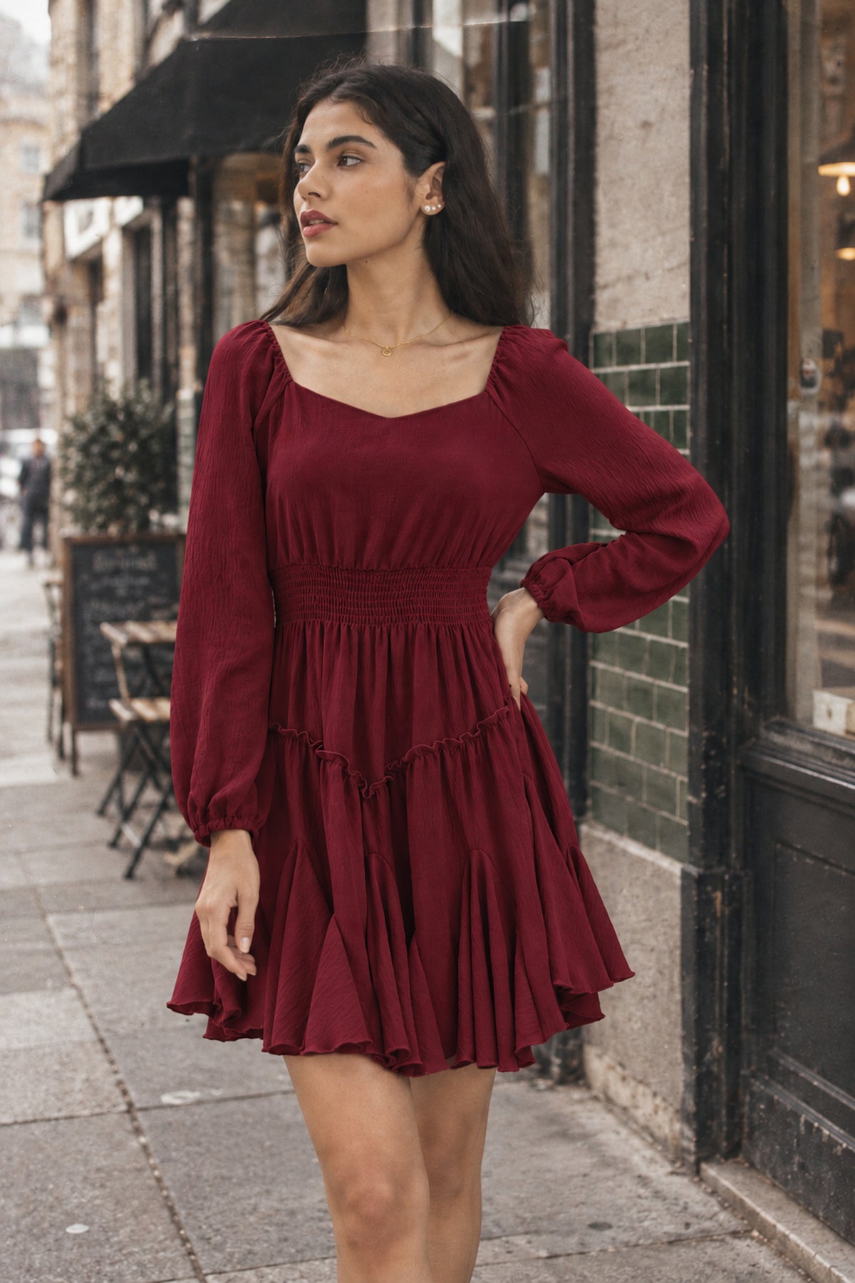 Rust Square-Neck Smocked Ruffle Dress