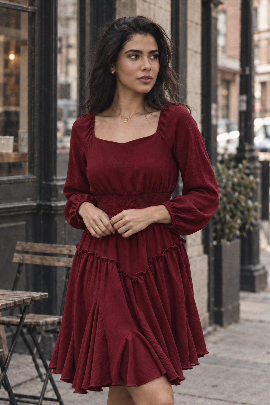 Rust Square-Neck Smocked Ruffle Dress