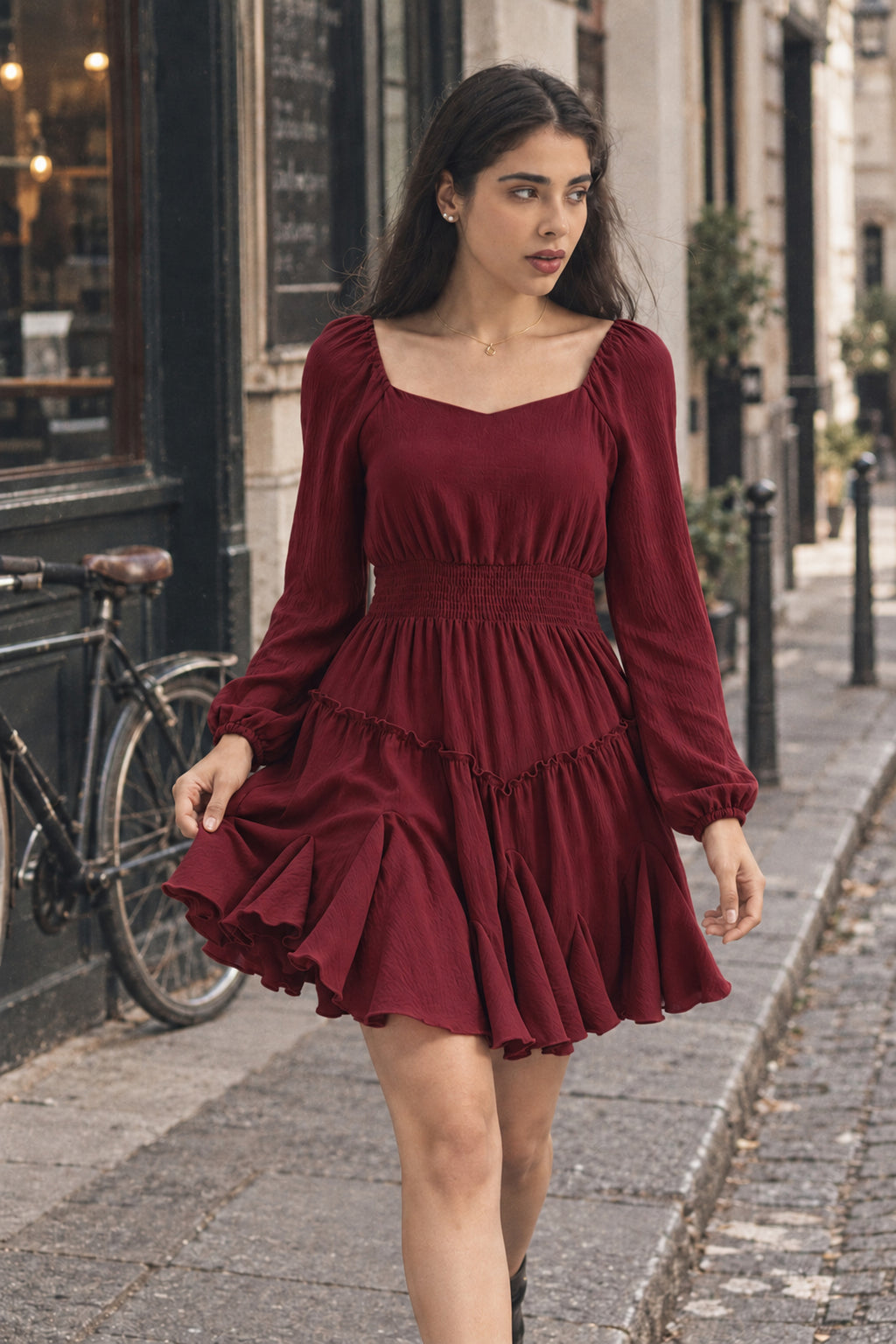 Rust Square-Neck Smocked Ruffle Dress