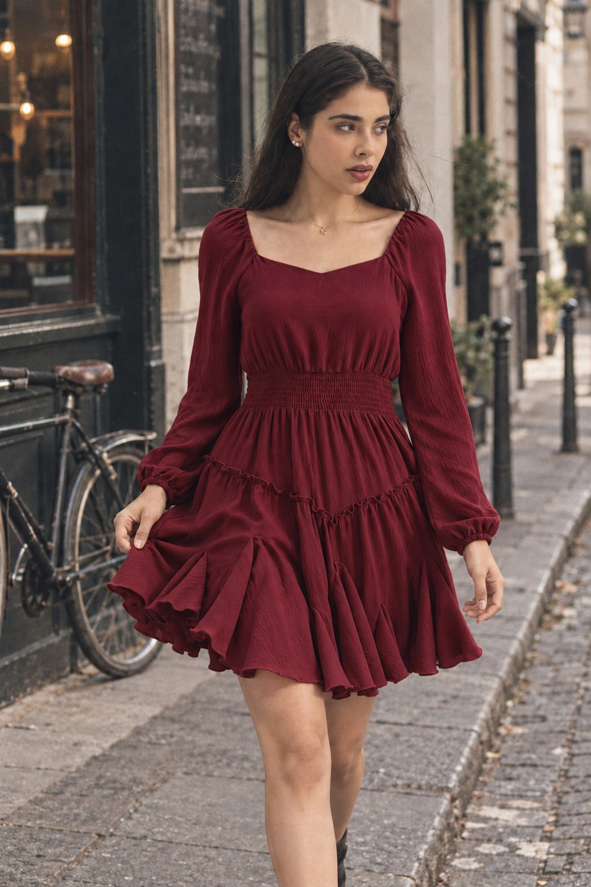 Rust Square-Neck Smocked Ruffle Dress