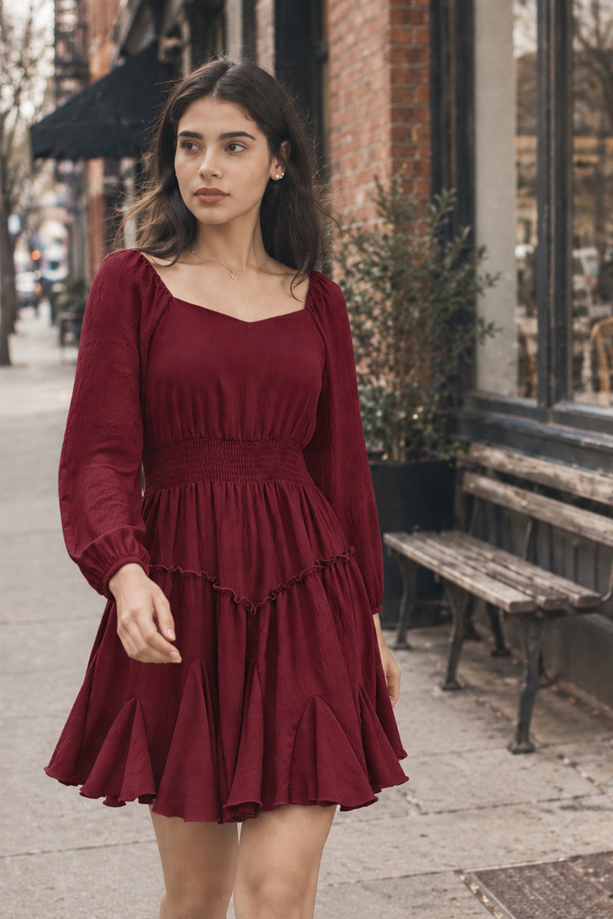 Rust Square-Neck Smocked Ruffle Dress