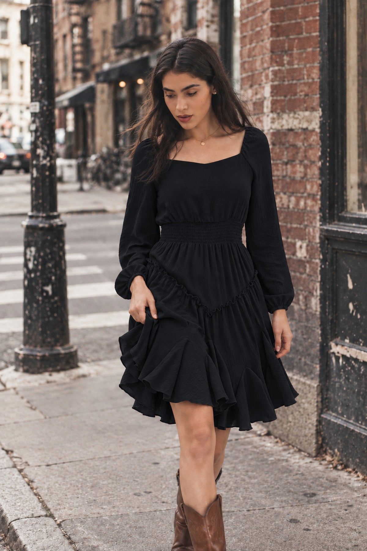 Rust Square-Neck Smocked Ruffle Dress