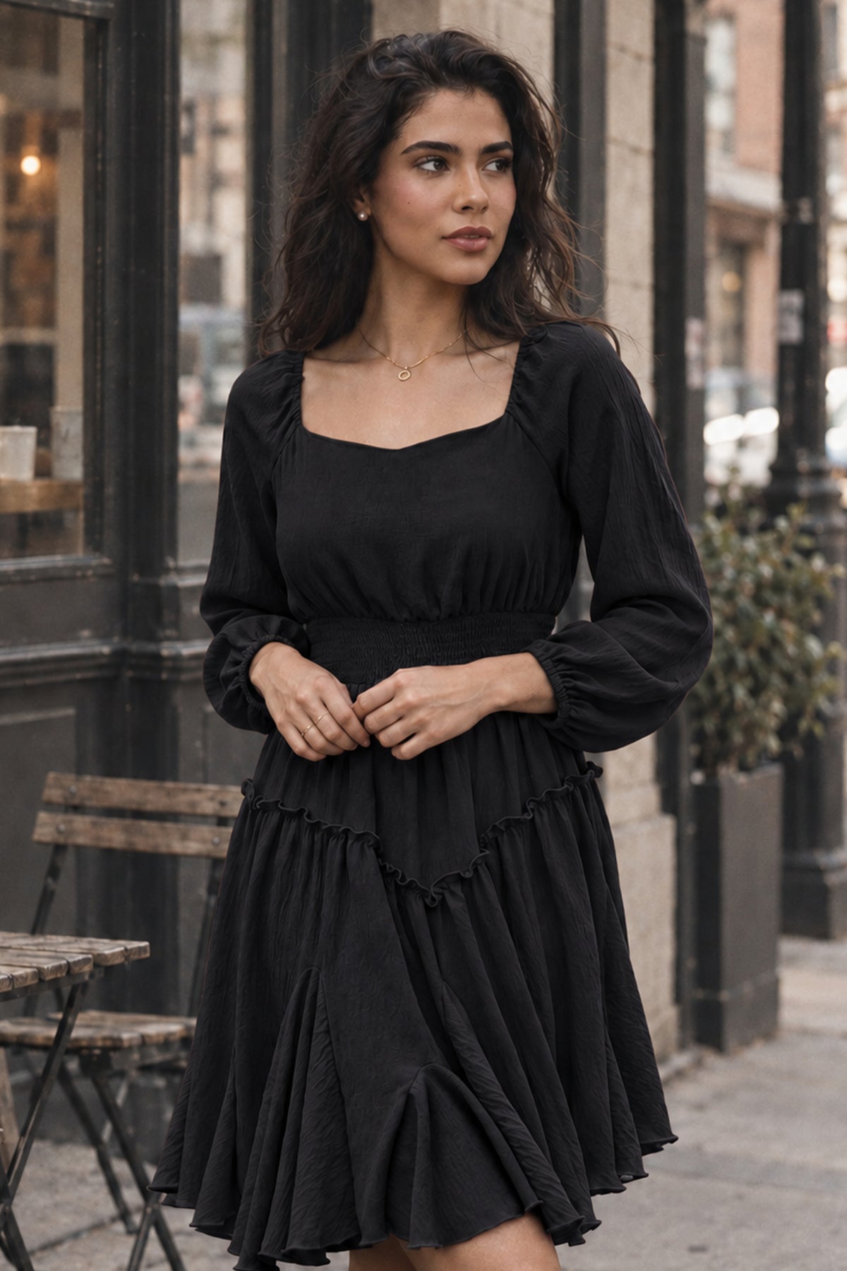Rust Square-Neck Smocked Ruffle Dress