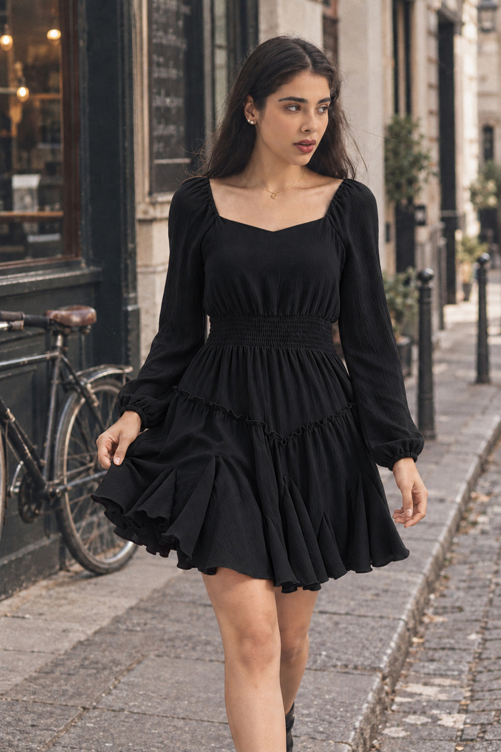 Rust Square-Neck Smocked Ruffle Dress