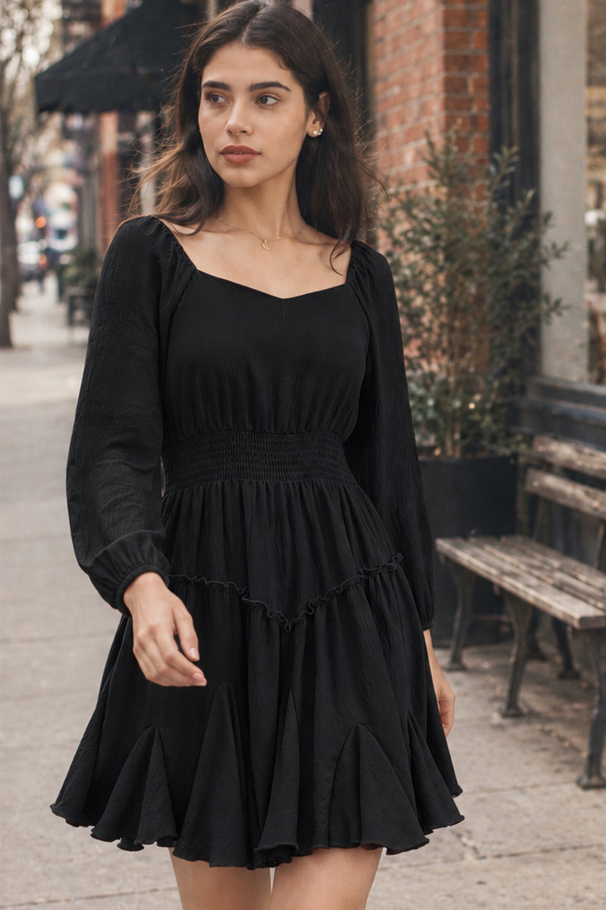 Rust Square-Neck Smocked Ruffle Dress