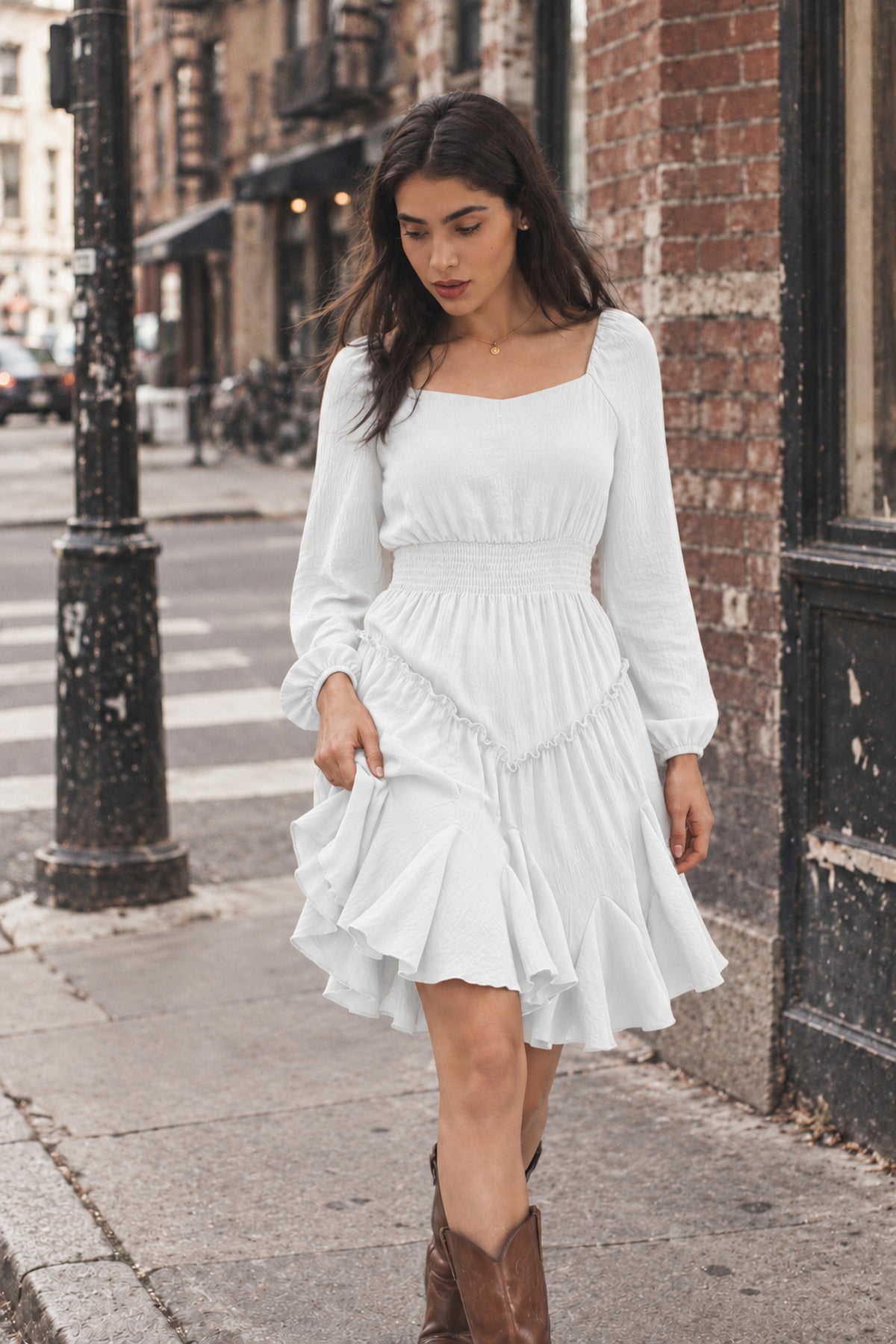 Rust Square-Neck Smocked Ruffle Dress