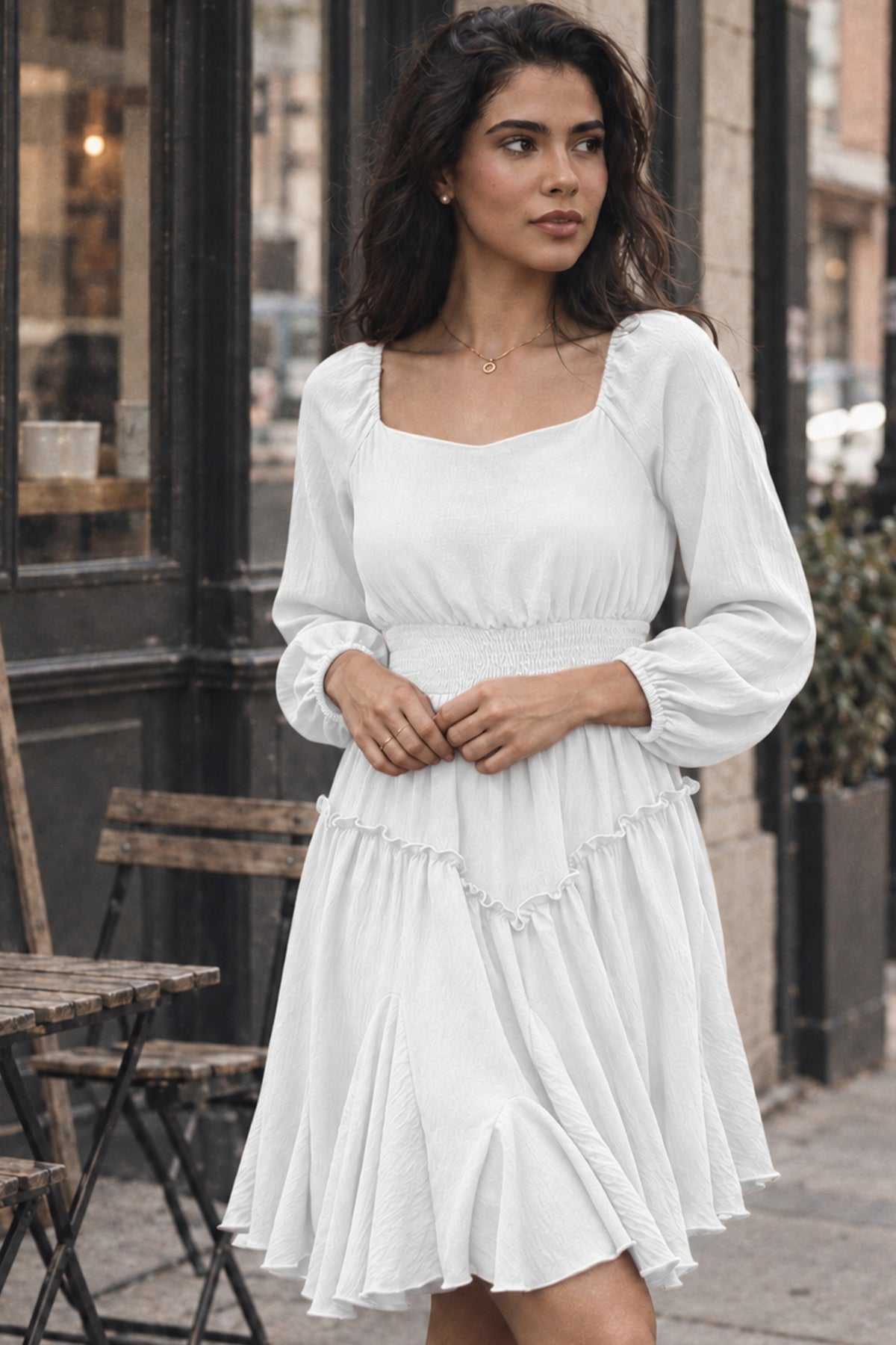 Rust Square-Neck Smocked Ruffle Dress