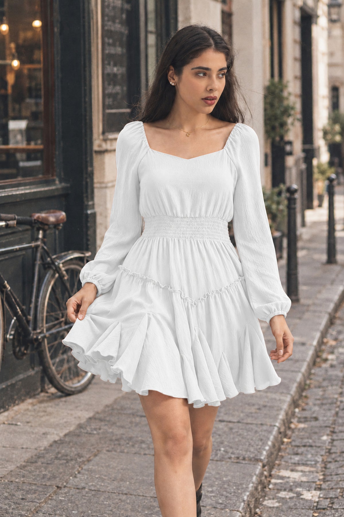 Rust Square-Neck Smocked Ruffle Dress