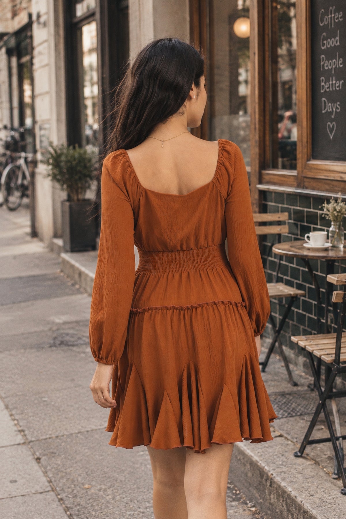 Rust Square-Neck Smocked Ruffle Dress