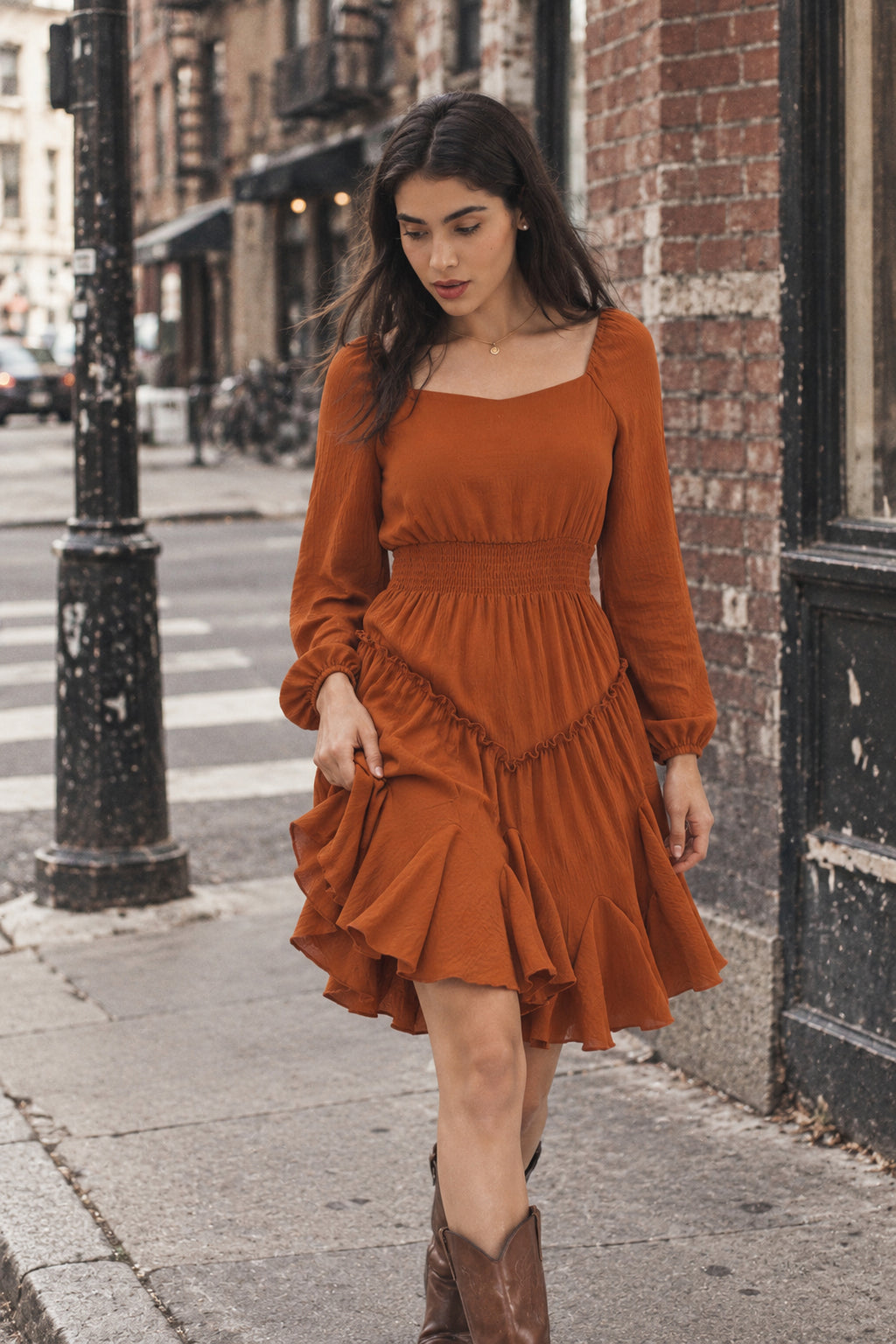 Rust Square-Neck Smocked Ruffle Dress