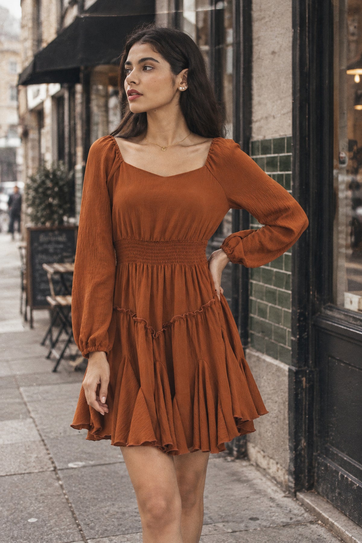 Rust Square-Neck Smocked Ruffle Dress