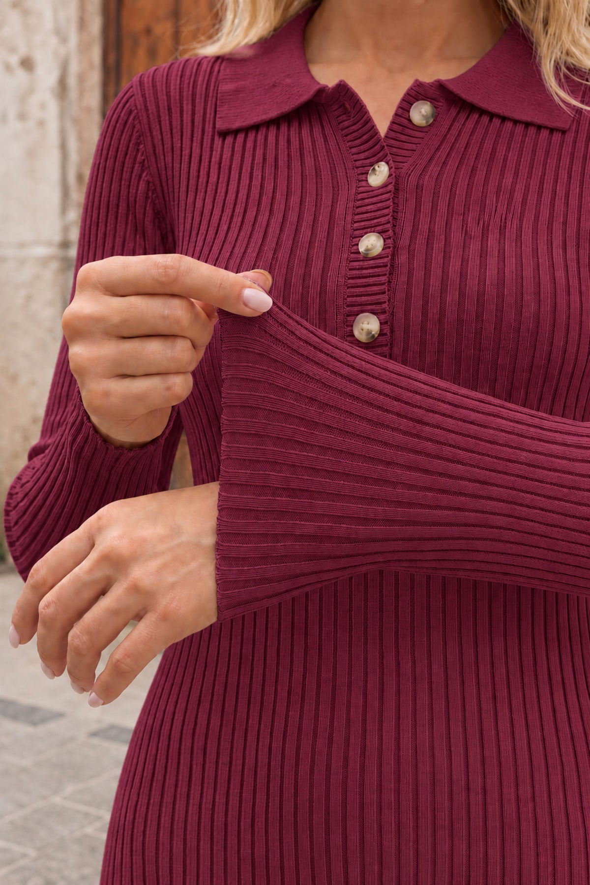 Ribbed Polo Collar Knit Midi Dress
