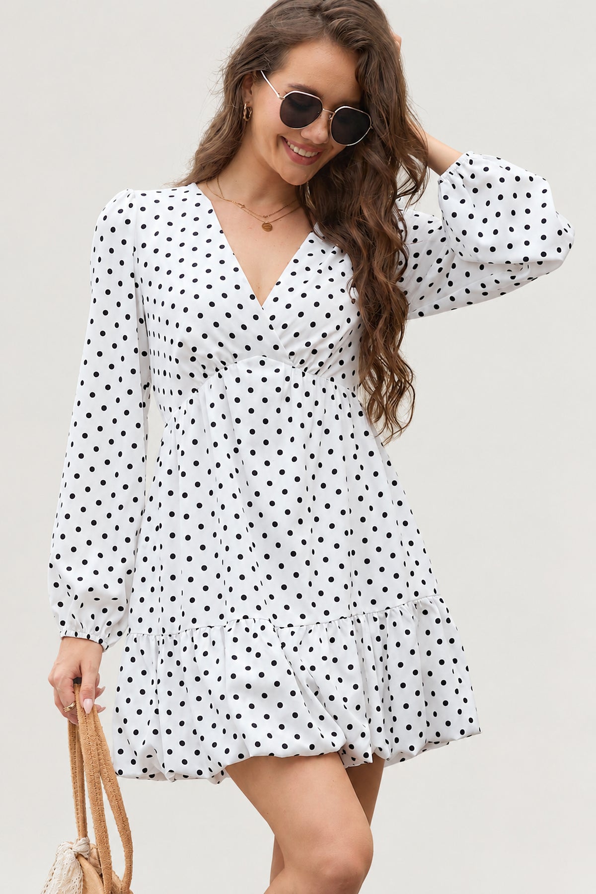 Polka Dot V-Neck Ruffle Mini Dress
