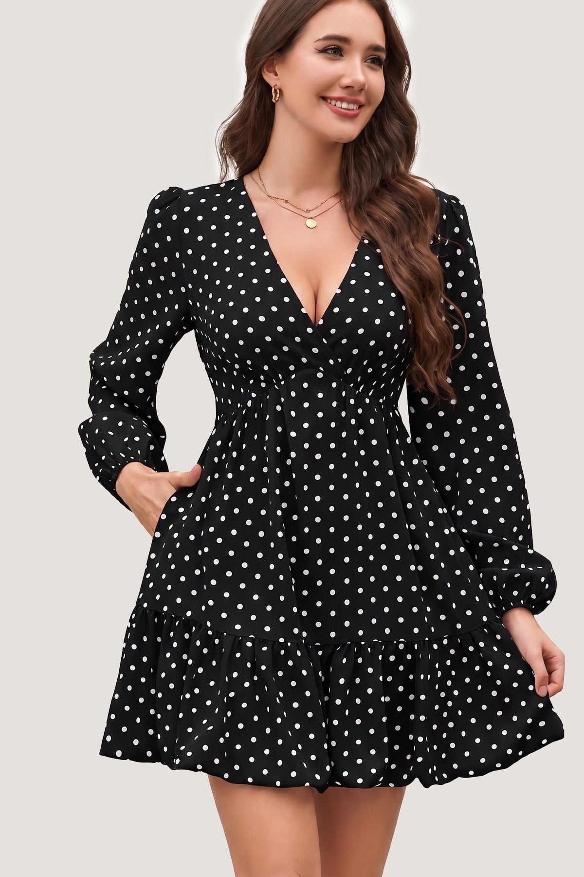 Polka Dot V-Neck Ruffle Mini Dress
