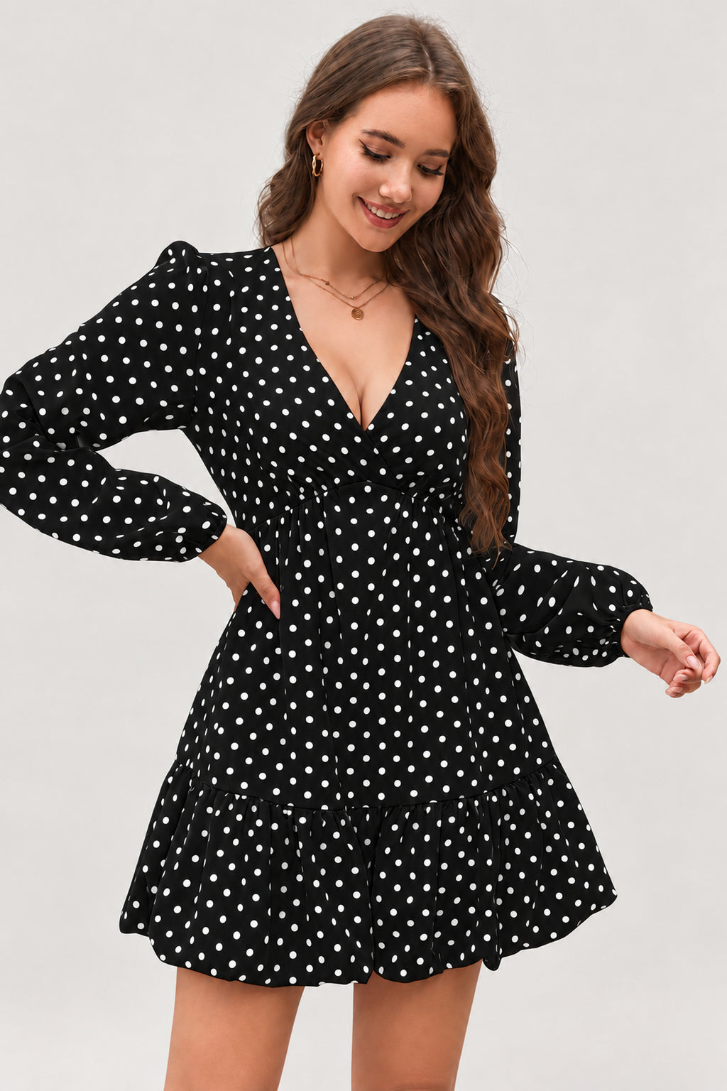 Polka Dot V-Neck Ruffle Mini Dress