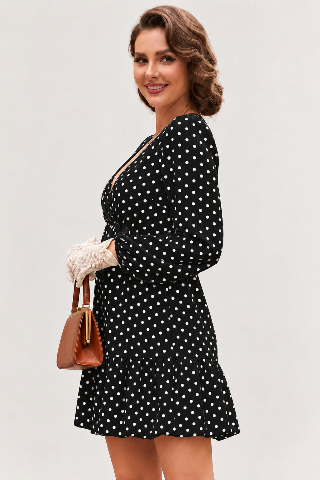 Polka Dot V-Neck Ruffle Mini Dress