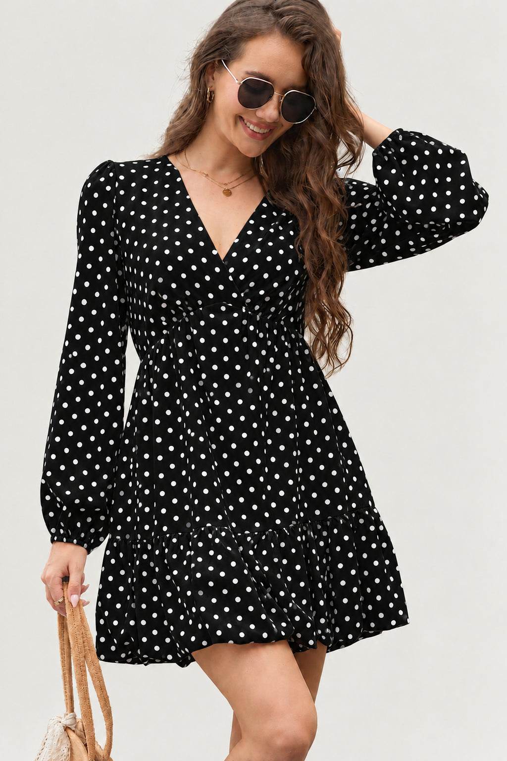 Polka Dot V-Neck Ruffle Mini Dress