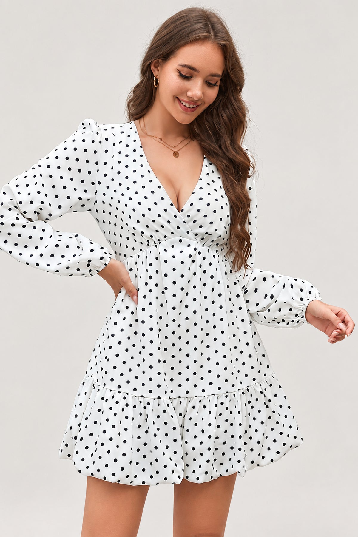 Polka Dot V-Neck Ruffle Mini Dress