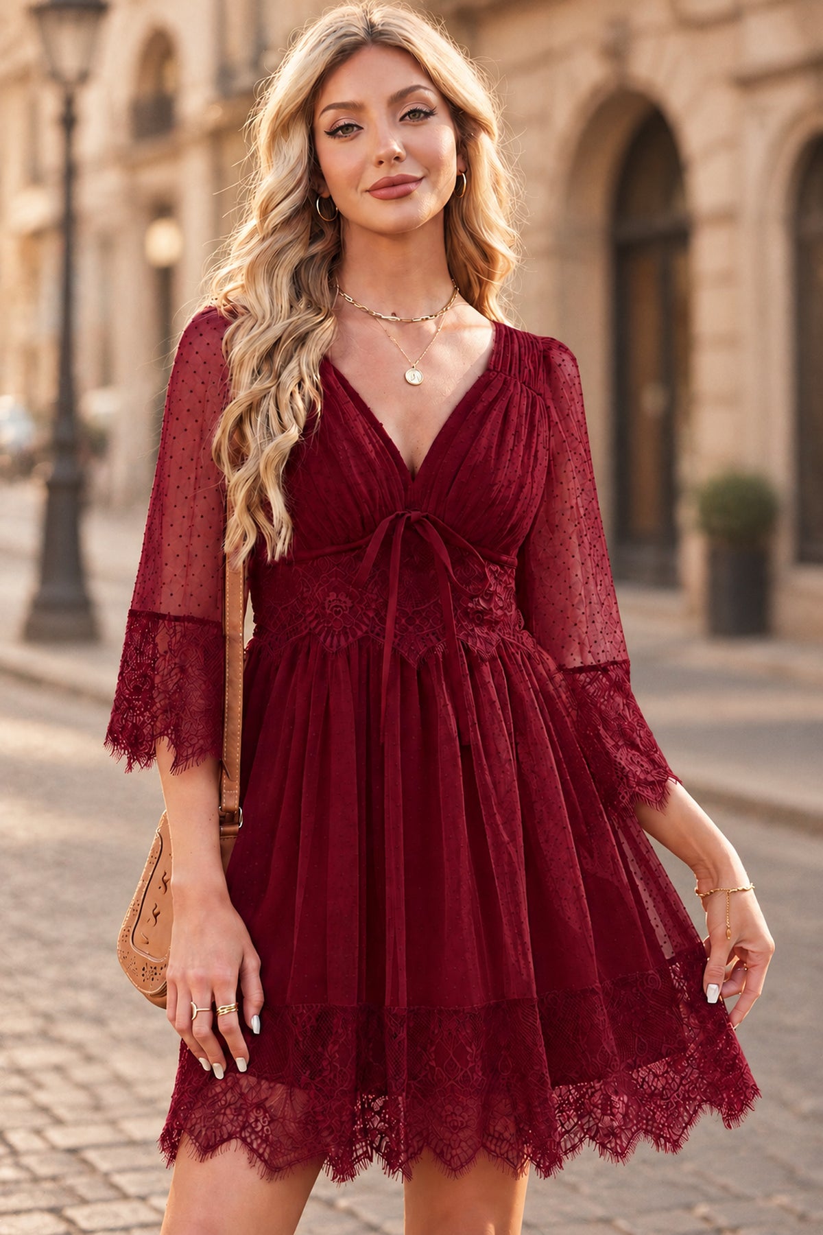 Boho Lace V-Neck Mini Dress