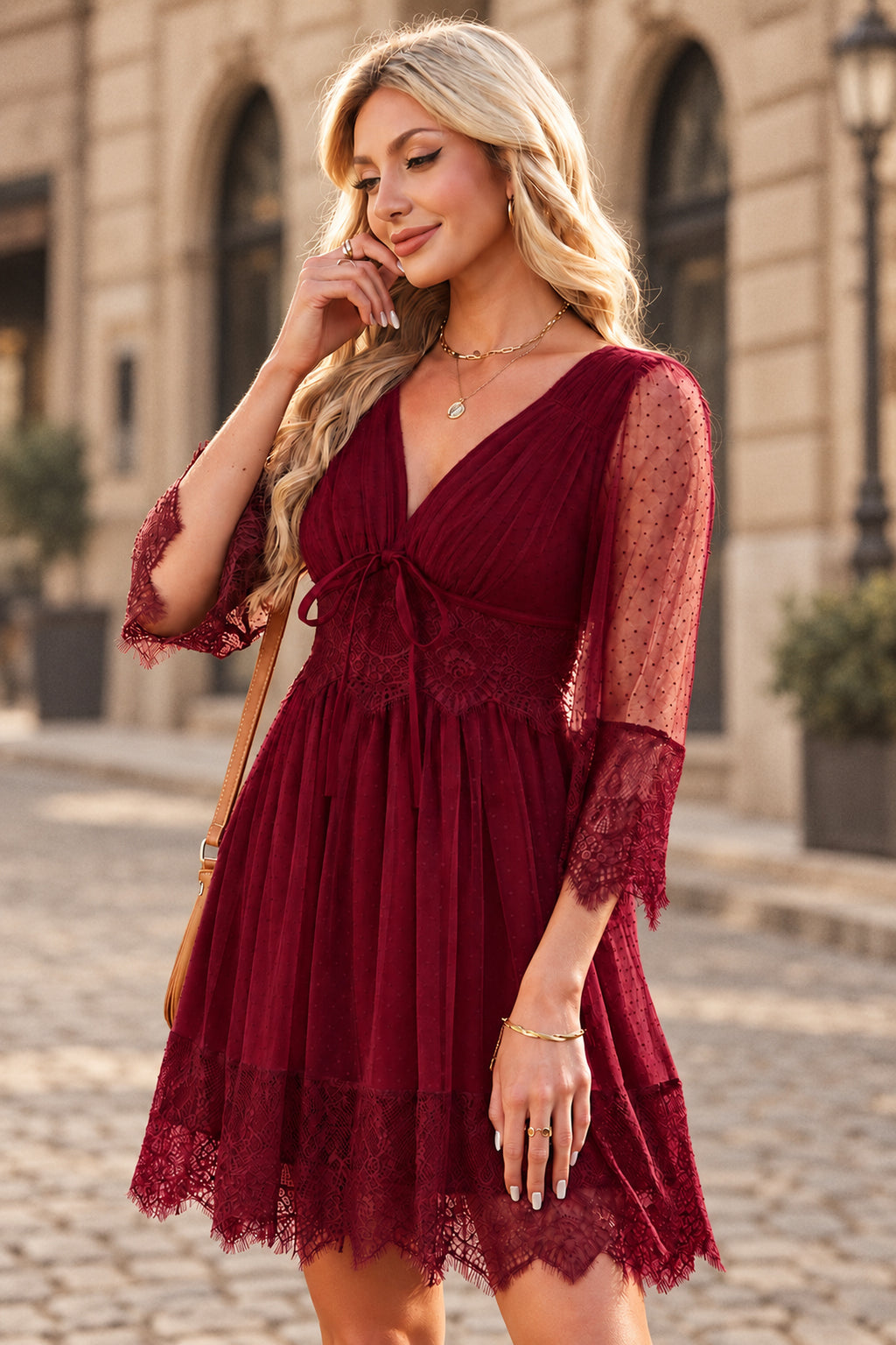 Boho Lace V-Neck Mini Dress