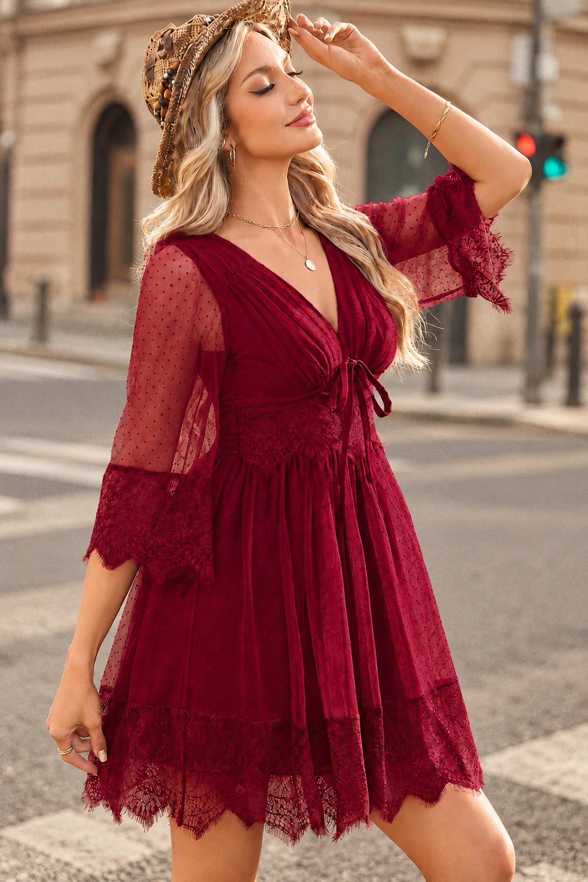 Boho Lace V-Neck Mini Dress