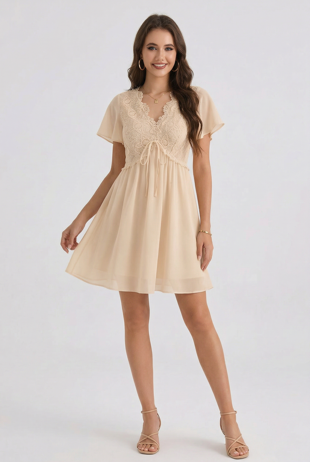 Florboom Women's Floral Lace Boho Deep V Neck Mini Dress