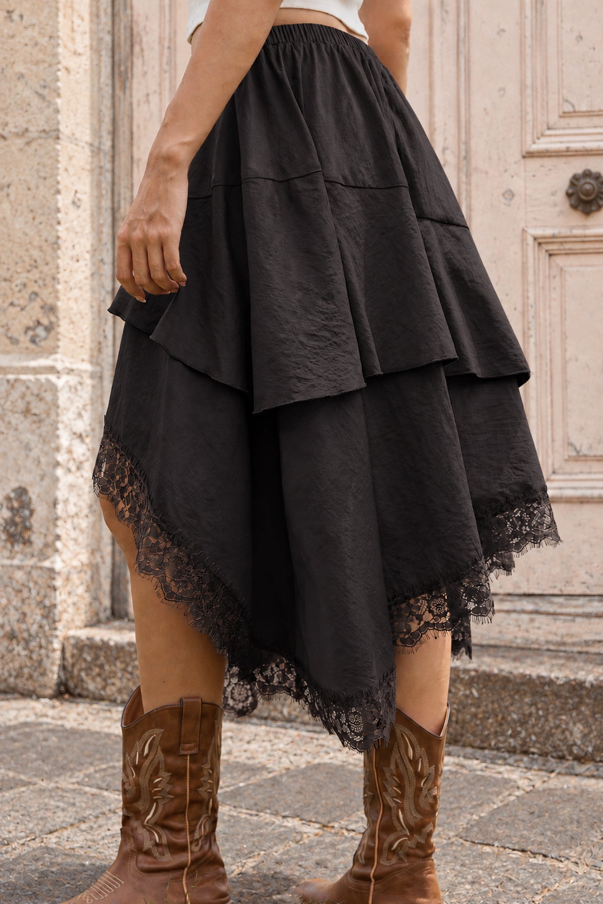 Boho Lace-Trim High-Low Maxi Skirt