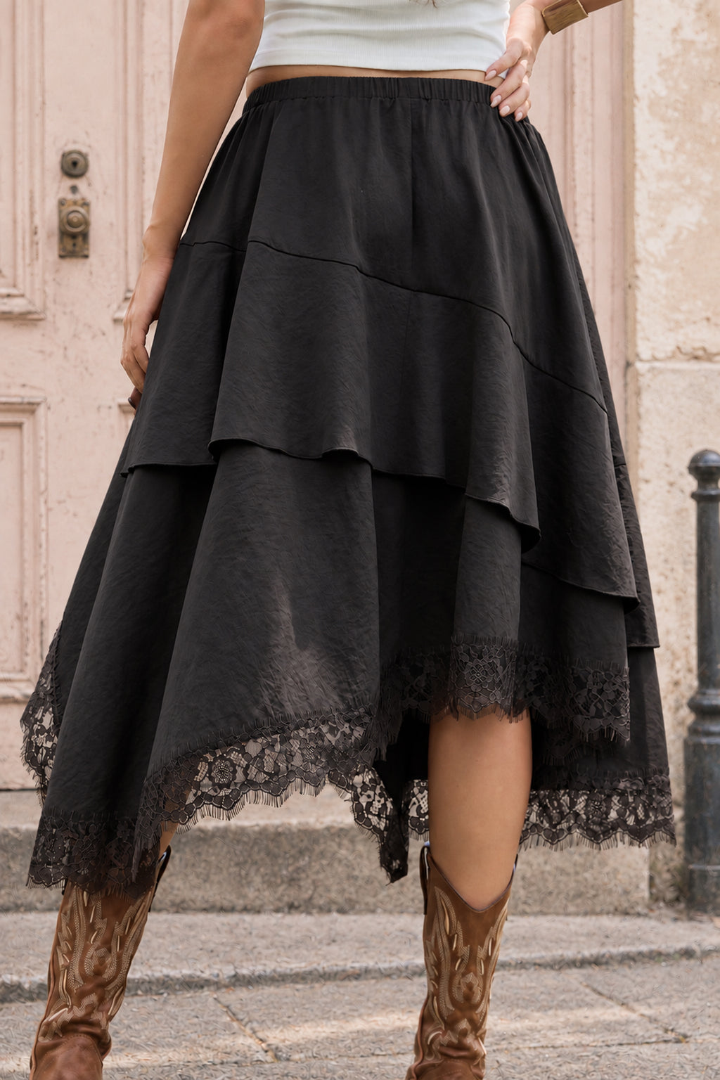 Boho Lace-Trim High-Low Maxi Skirt