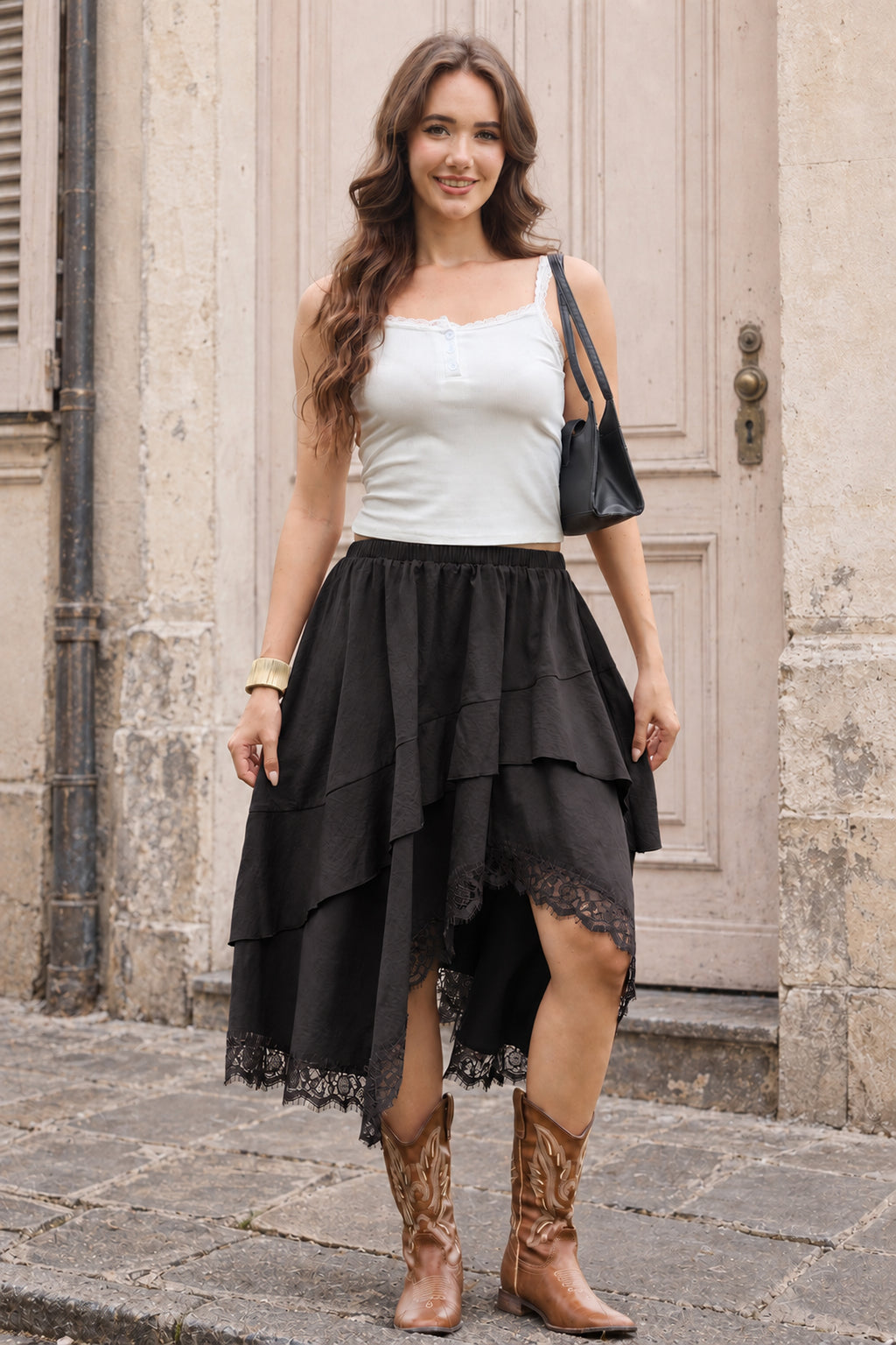 Boho Lace-Trim High-Low Maxi Skirt