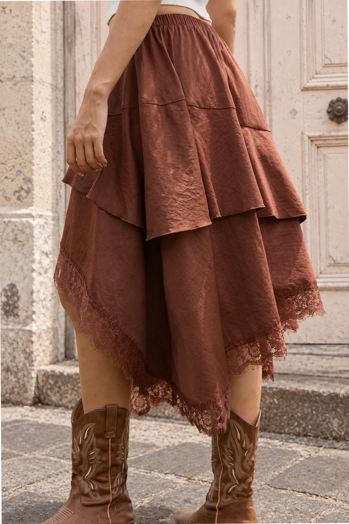 Boho Lace-Trim High-Low Maxi Skirt
