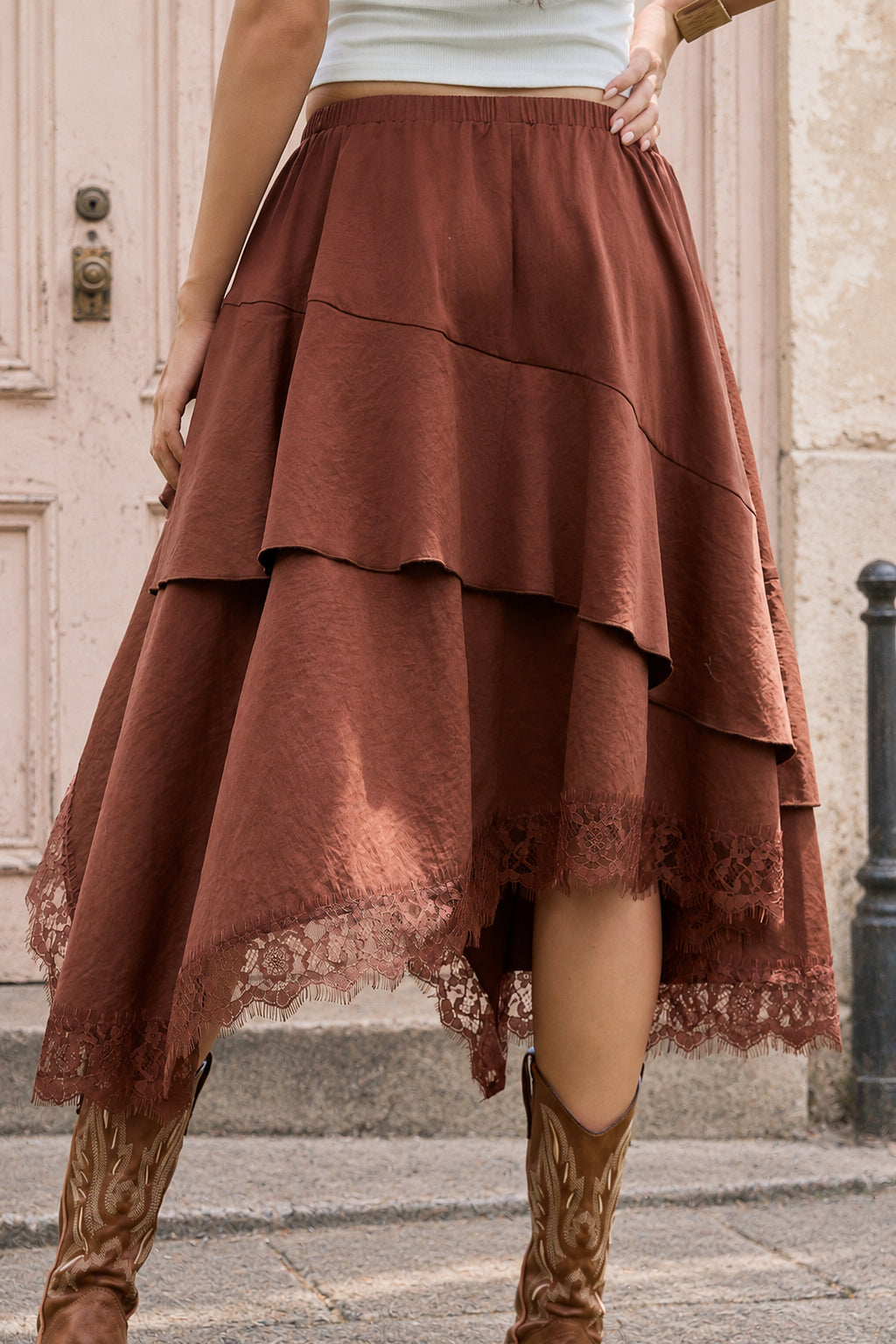 Boho Lace-Trim High-Low Maxi Skirt