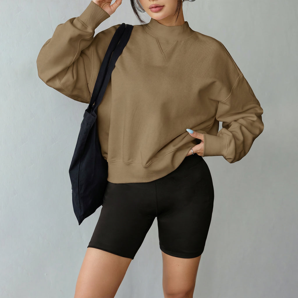 Florboom Women's Cropped Mock Neck Sweatshirt 85% Cotton Relaxed Fit Pullover Fall Top