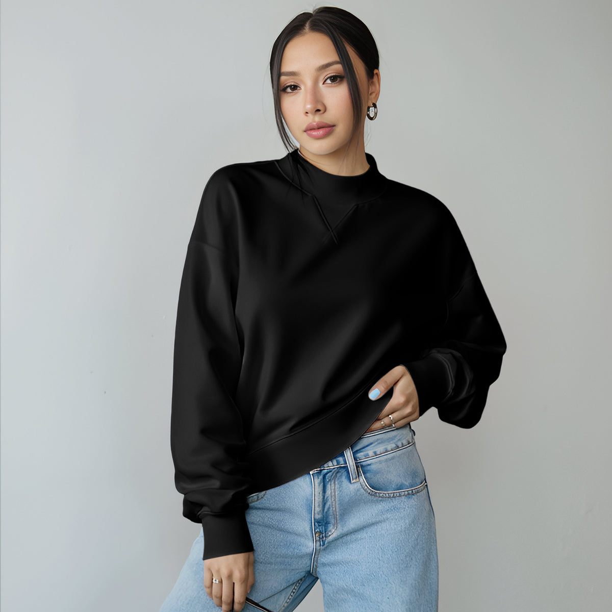 Florboom Women's Cropped Mock Neck Sweatshirt 85% Cotton Relaxed Fit Pullover Fall Top