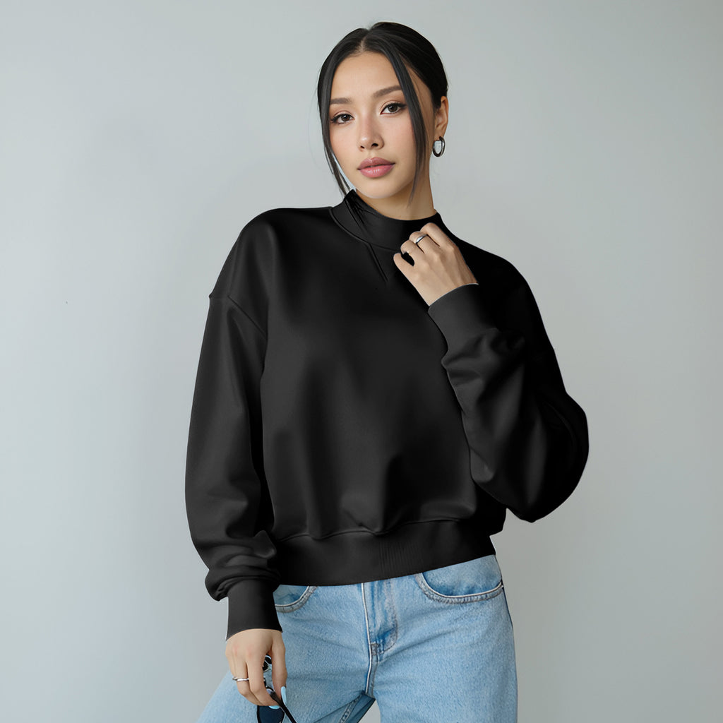 Florboom Women's Cropped Mock Neck Sweatshirt 85% Cotton Relaxed Fit Pullover Fall Top