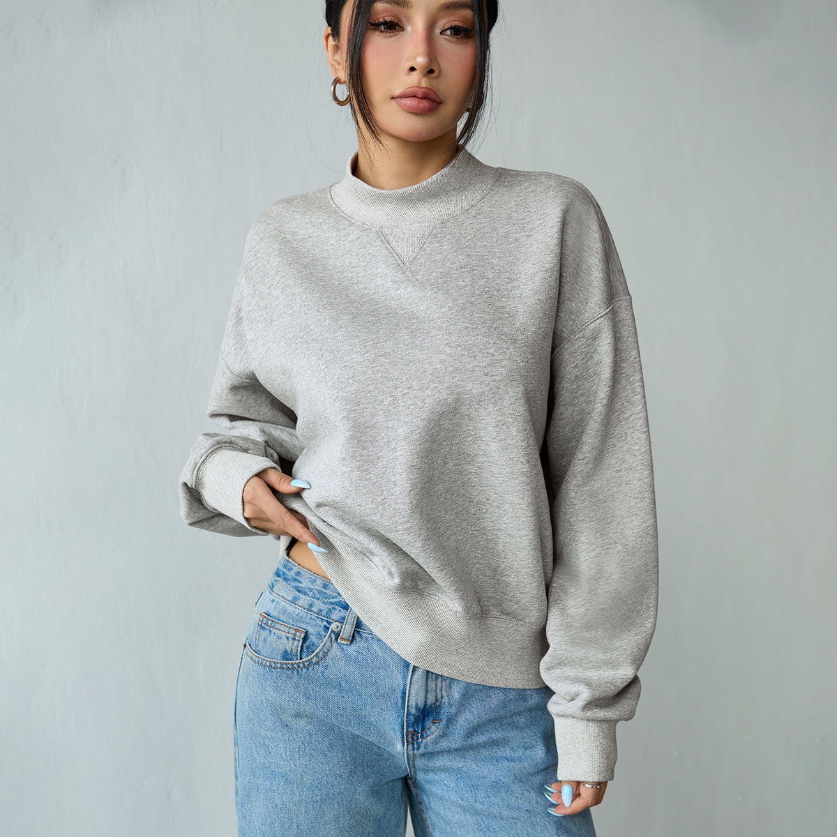 Florboom Women's Cropped Mock Neck Sweatshirt 85% Cotton Relaxed Fit Pullover Fall Top